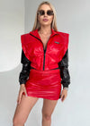Red black party outfit for women with glossy PVC-look fabric and structured cropped jacket