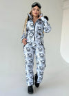 KRUTYAKOV skull print ski suit for women with warm lining, fitted shape, and statement winter fashion look