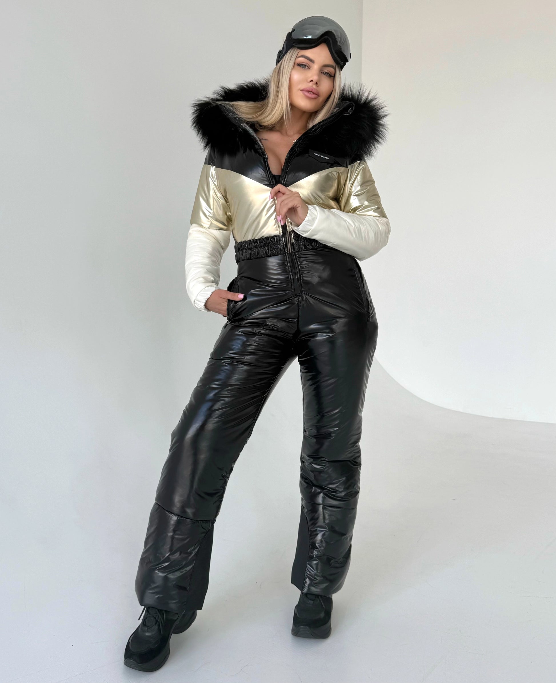 Designer women’s ski suit for mountain resorts, après-ski outfits, winter vacations, and cold-weather styling