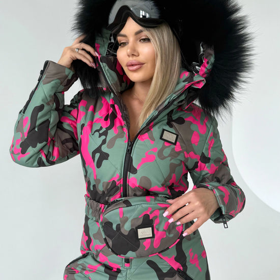 KRUTYAKOV pink camo snowsuit with HollowSoft 300 insulation, reflective thermal lining, and free worldwide shipping