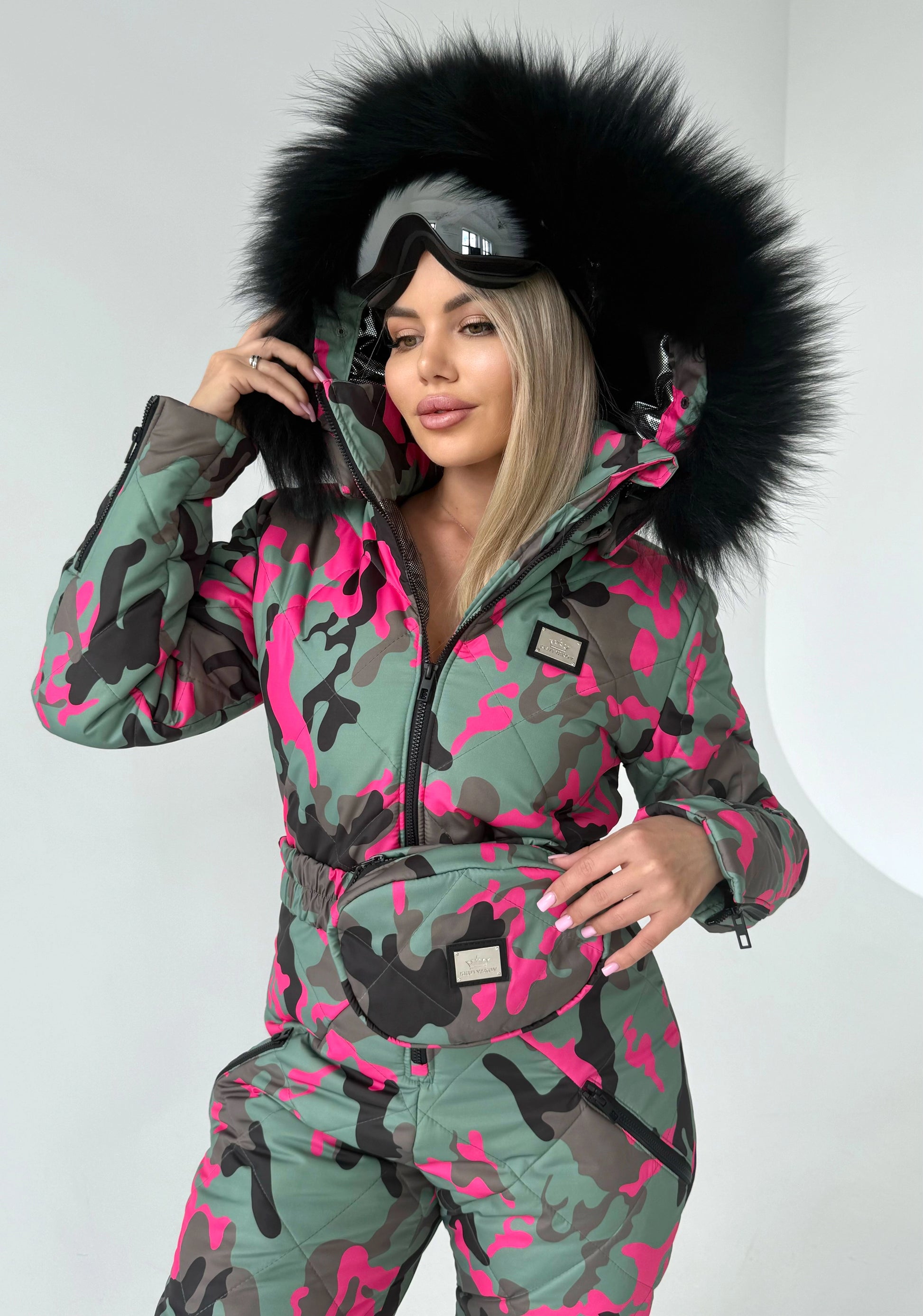 KRUTYAKOV pink camo snowsuit with HollowSoft 300 insulation, reflective thermal lining, and free worldwide shipping