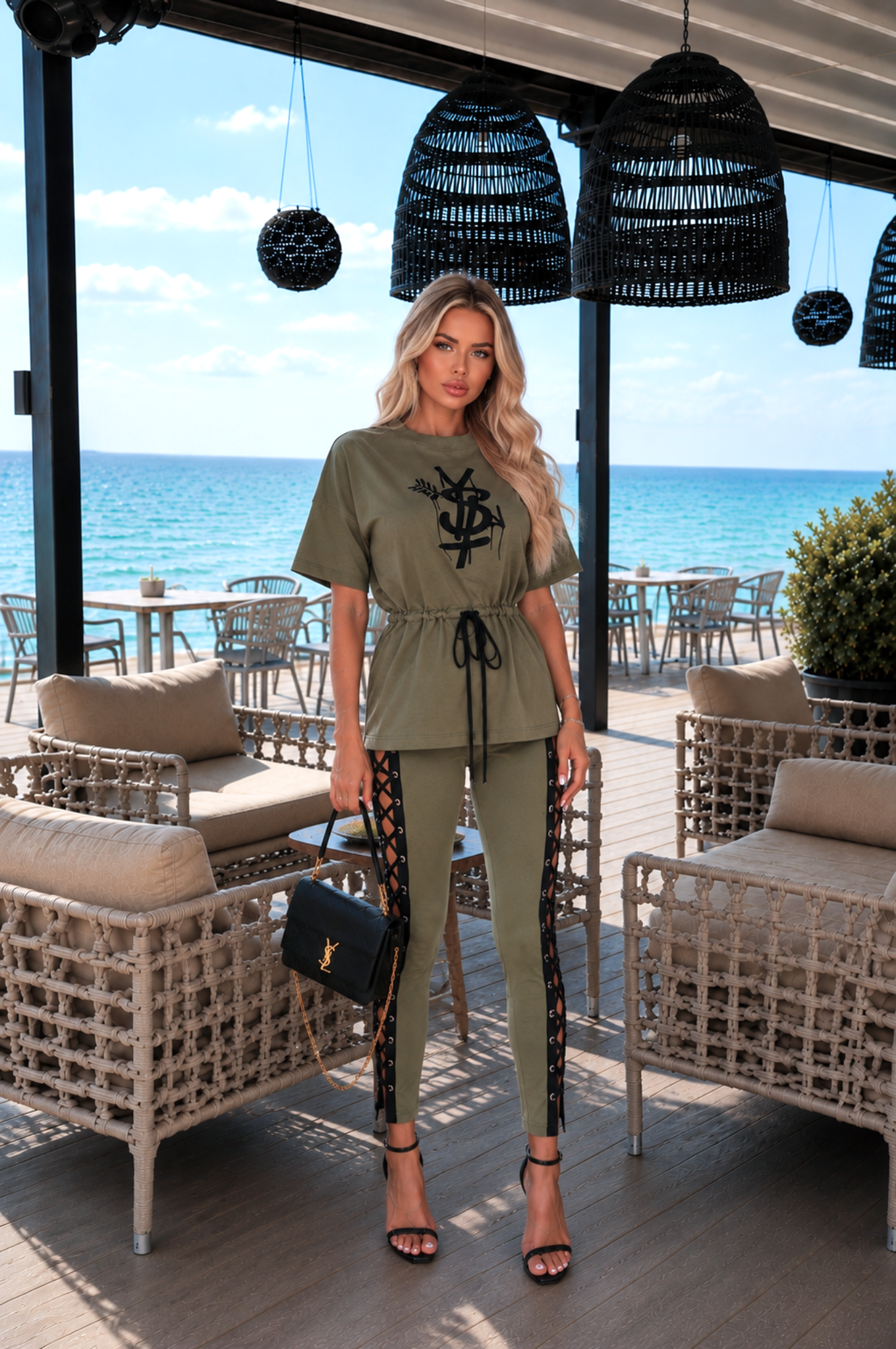 SYV Women's Khaki Designer Cotton Two Piece Set