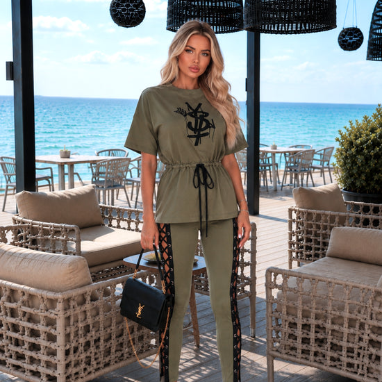 SYV women’s khaki resort outfit with adjustable waist top, lace-up pants, and modern feminine streetwear style