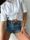 White women’s ROSETTE t-shirt with sculptural floral detail and modern cropped silhouette