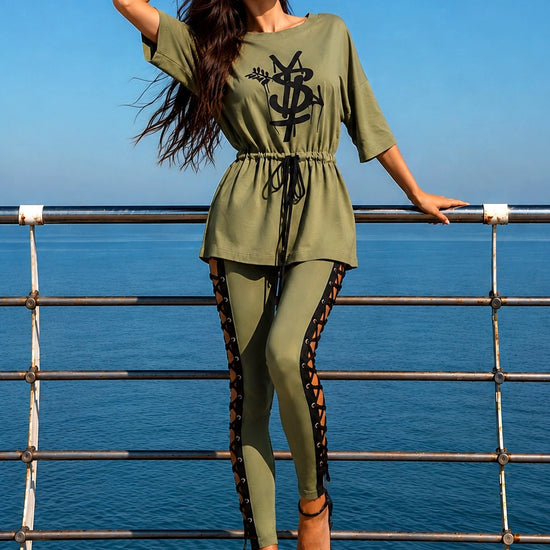 KRUTYAKOV khaki matching set styled by the sea with lace-up side pants and oversized cotton top