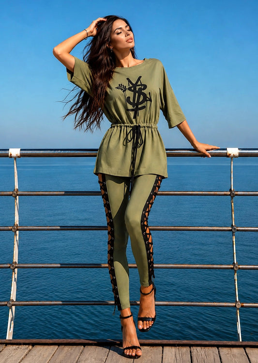 KRUTYAKOV khaki matching set styled by the sea with lace-up side pants and oversized cotton top