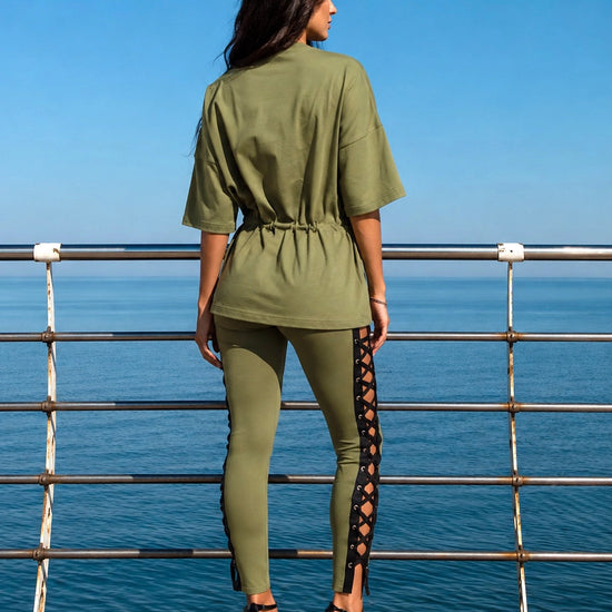 Women’s khaki cotton two piece outfit with statement side lacing, metal eyelets, and casual chic fit