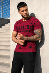 Front view of men’s burgundy designer T-shirt with ANARCHY and PRAY FOR FASHION print