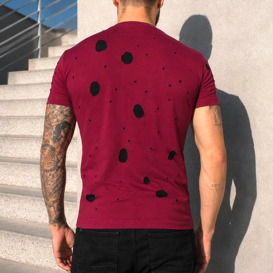 Men’s burgundy streetwear T-shirt with layered cut-out details and short sleeves