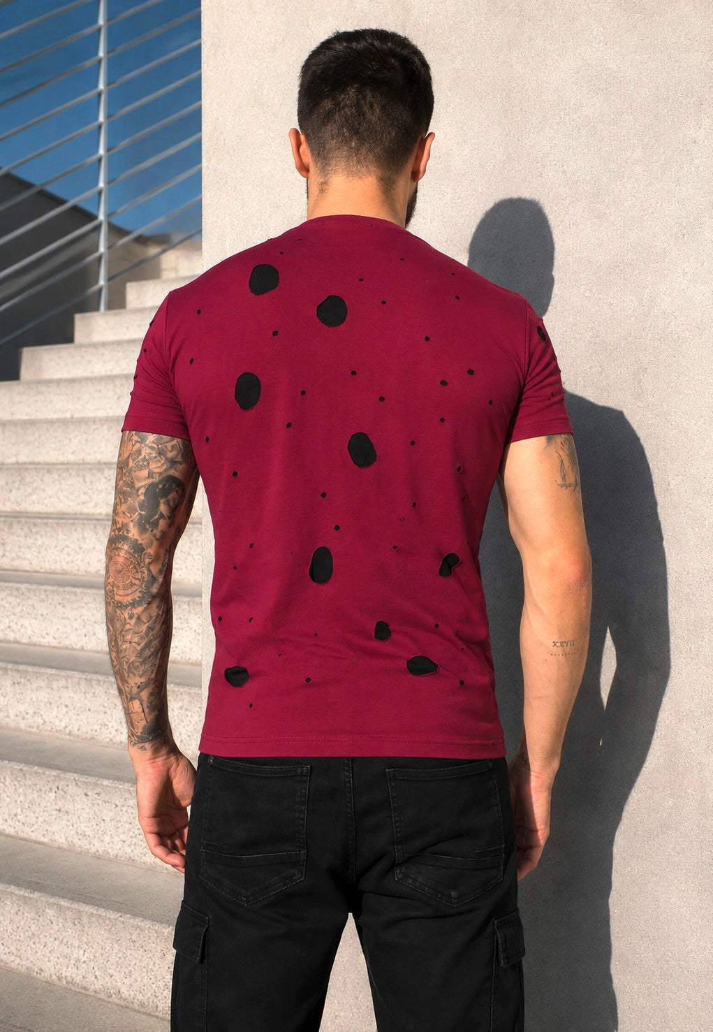 Men’s burgundy streetwear T-shirt with layered cut-out details and short sleeves