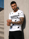 Men’s streetwear outfit with white KRUTYAKOV ANARCHY T-shirt, black cargo pants, and sneakers
