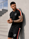 Men’s black two piece summer set NIZZA by KRUTYAKOV with cotton t-shirt, matching shorts and bold red and white side stripe details
