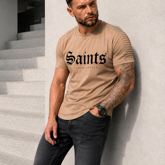 KRUTYAKOV men’s beige designer T-shirt with velvet SAINTS print and structured sleeve panels