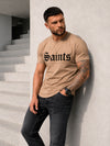 KRUTYAKOV men’s beige designer T-shirt with velvet SAINTS print and structured sleeve panels