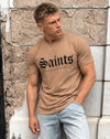 Men’s beige graphic tee with ribbed shoulder details, asymmetric hem, and premium casual styling