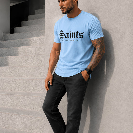 Men’s light blue designer T-shirt with velvet SAINTS print, short sleeves, and ribbed shoulder panels