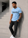 Men’s light blue designer T-shirt with velvet SAINTS print, short sleeves, and ribbed shoulder panels