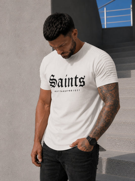 Back view of men’s off white SAINTS T-shirt with asymmetric hem and premium casual fit