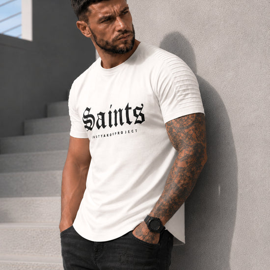 KRUTYAKOV men’s off white designer T-shirt with velvet SAINTS print and structured sleeve panels