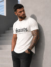 KRUTYAKOV men’s off white designer T-shirt with velvet SAINTS print and structured sleeve panels