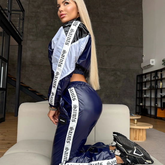 Women’s blue two-piece PVC tracksuit for streetwear outfits