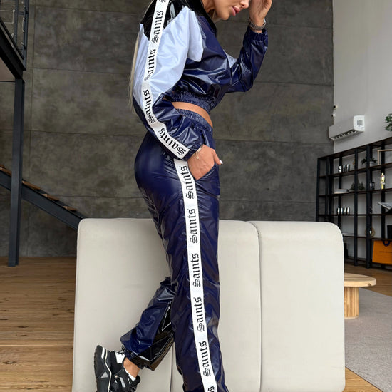 KRUTYAKOV women’s glossy blue tracksuit with fitted jacket and joggers