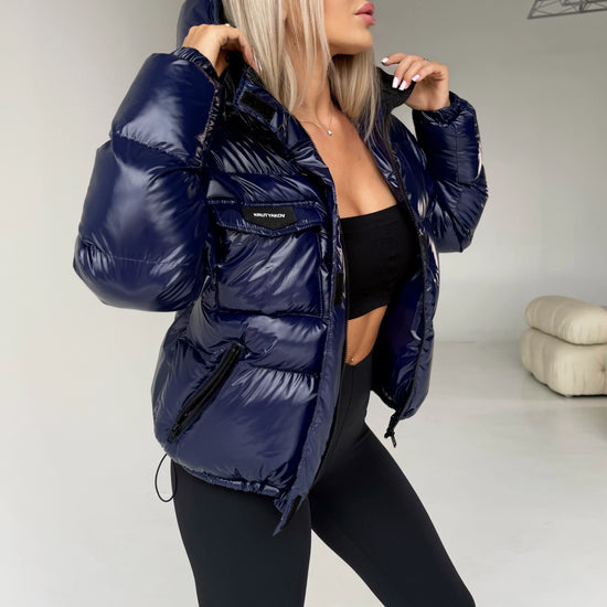 Warm glossy blue puffer coat for women with eco-down insulation