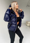 Warm glossy blue puffer coat for women with eco-down insulation