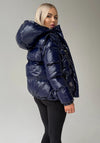 Designer women’s blue winter outerwear jacket with adjustable hood and hem