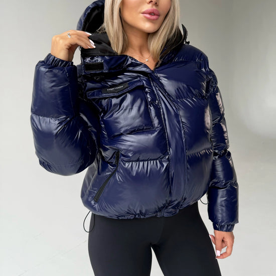 Short blue puffer jacket for women styled for cold weather and city wear