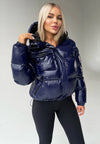 Short blue puffer jacket for women styled for cold weather and city wear