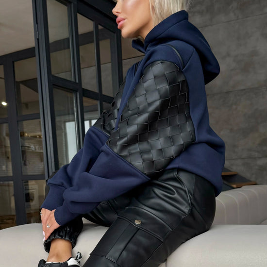 KRUTYAKOV dark blue hoodie styled with black leather-look pants