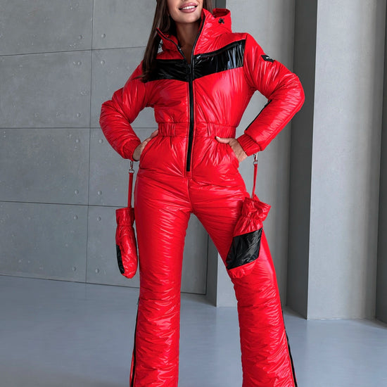 Front view of SANTA red one-piece ski suit for women by KRUTYAKOV with sleek fitted silhouette