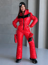 Front view of SANTA red one-piece ski suit for women by KRUTYAKOV with sleek fitted silhouette
