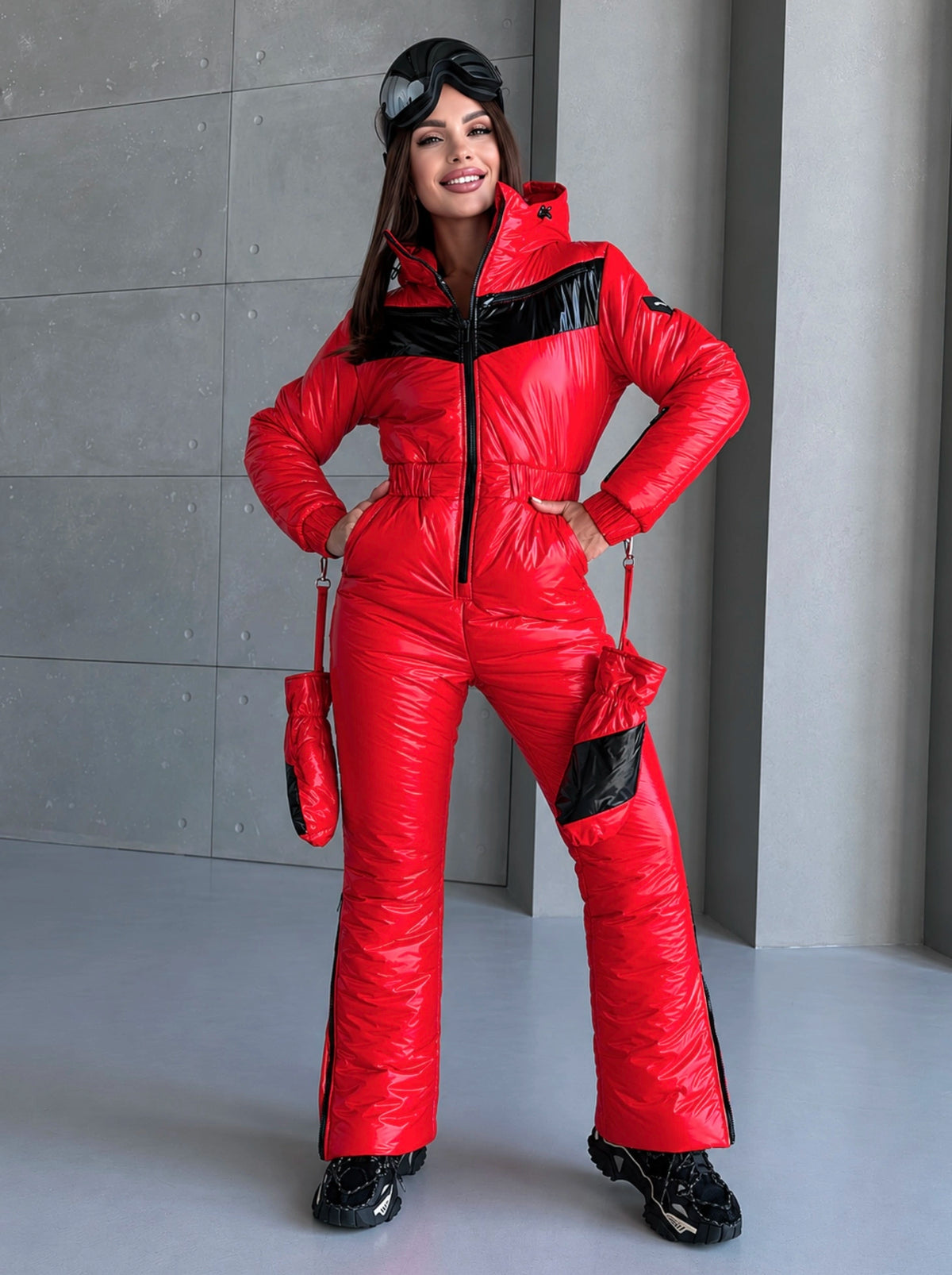 Front view of SANTA red one-piece ski suit for women by KRUTYAKOV with sleek fitted silhouette
