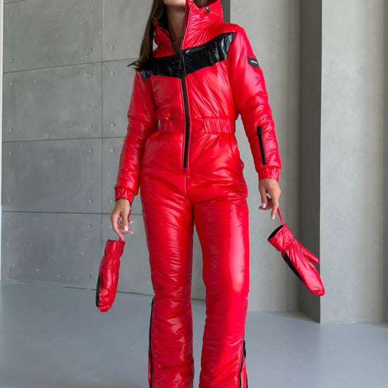 Full-length rear view of SANTA red women’s winter ski jumpsuit by KRUTYAKOV