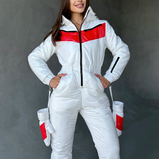 Full-length white ski jumpsuit for women with red contrast details