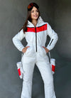 Full-length white ski jumpsuit for women with red contrast details