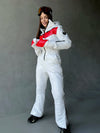 White and red women’s ski jumpsuit with matching insulated mittens