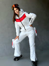 Full-body view of KRUTYAKOV women’s white one-piece snowsuit