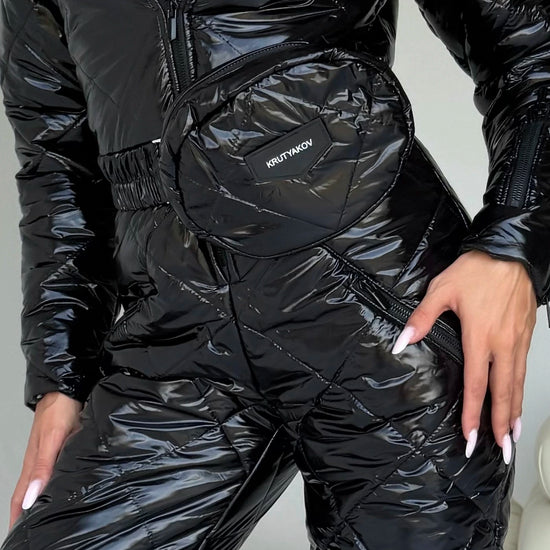 KRUTYAKOV branded waist belt bag on black glossy ski jumpsuit