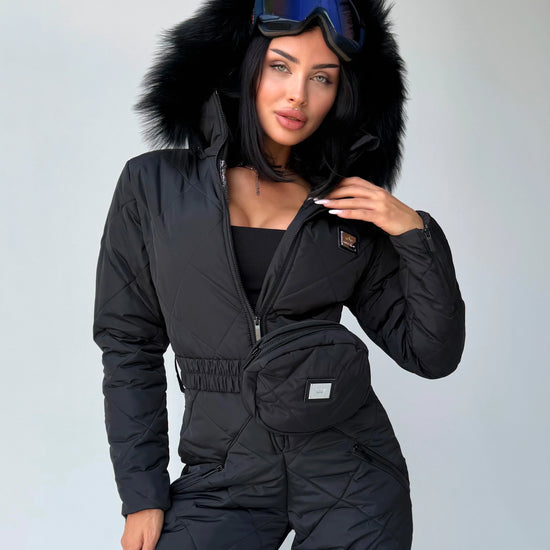 Black matte ski suit for women with fur hood and branded waist bag