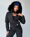 Black matte ski suit for women with fur hood and branded waist bag