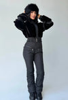 Women’s black one-piece snowsuit with eco fur and elegant winter silhouette