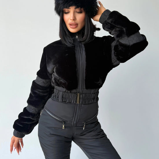 Women’s black designer snowsuit with eco fur and matching mittens