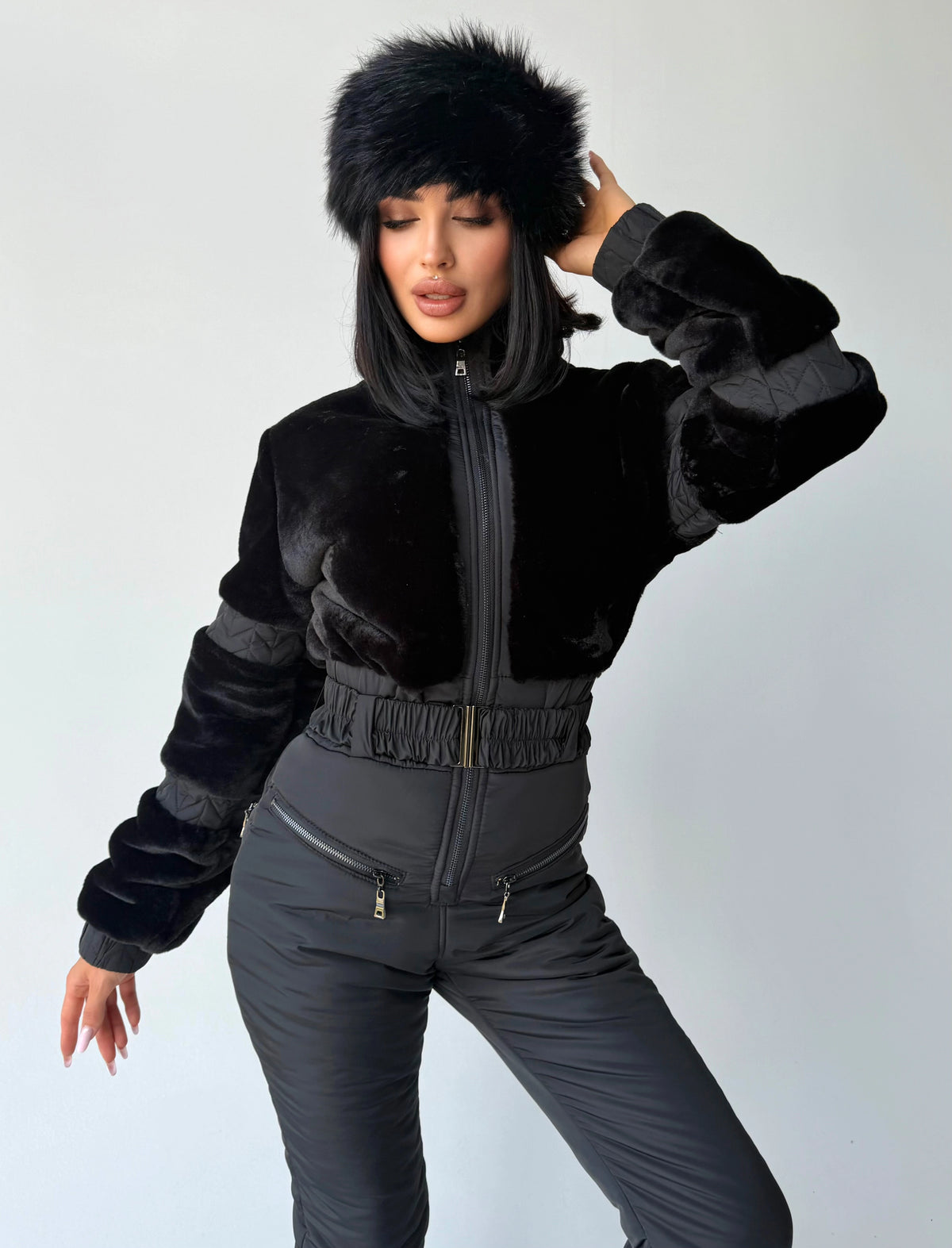 Women’s black designer snowsuit with eco fur and matching mittens