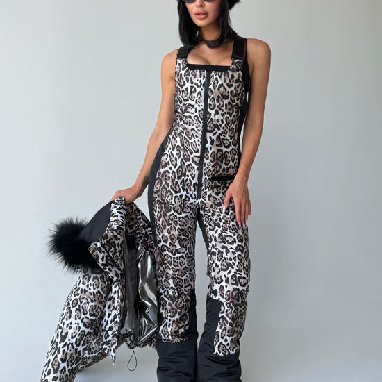 Women’s leopard ski bib overalls styled separately with a black top