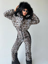 Women’s leopard winter ski suit with black fur hood and fitted silhouette