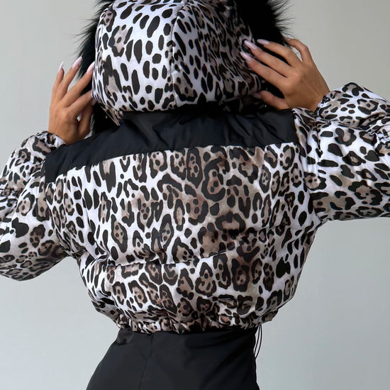 Back detail of NAIROBI leopard winter jacket with black fur hood
