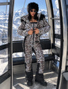 Full-length view of KRUTYAKOV women’s leopard ski suit NAIROBI